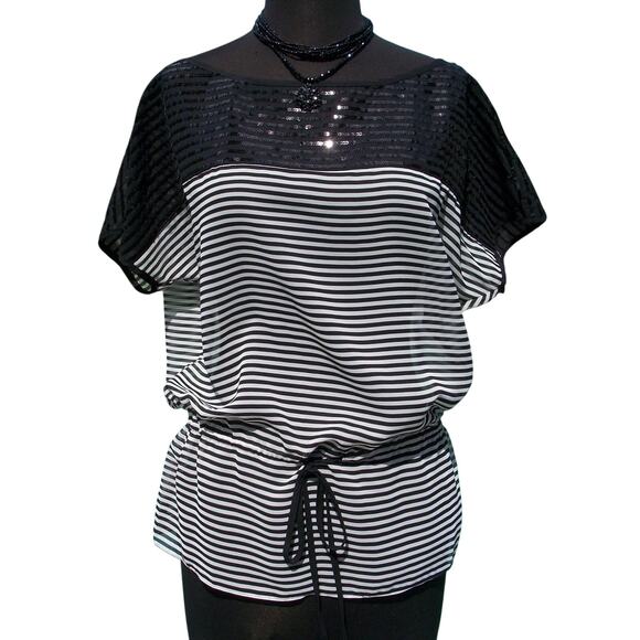 Cache Black White Sheer Illusion Sequin Embellished Top New Self Belt $108 NWT - Picture 1 of 3